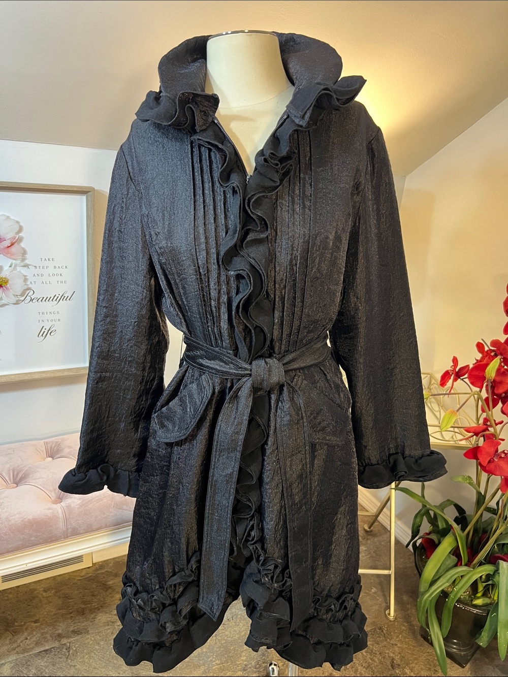 Samuel Dong Black Ruffle Trim Tie-Waist Avant-Garde Duster Jacket Size Med